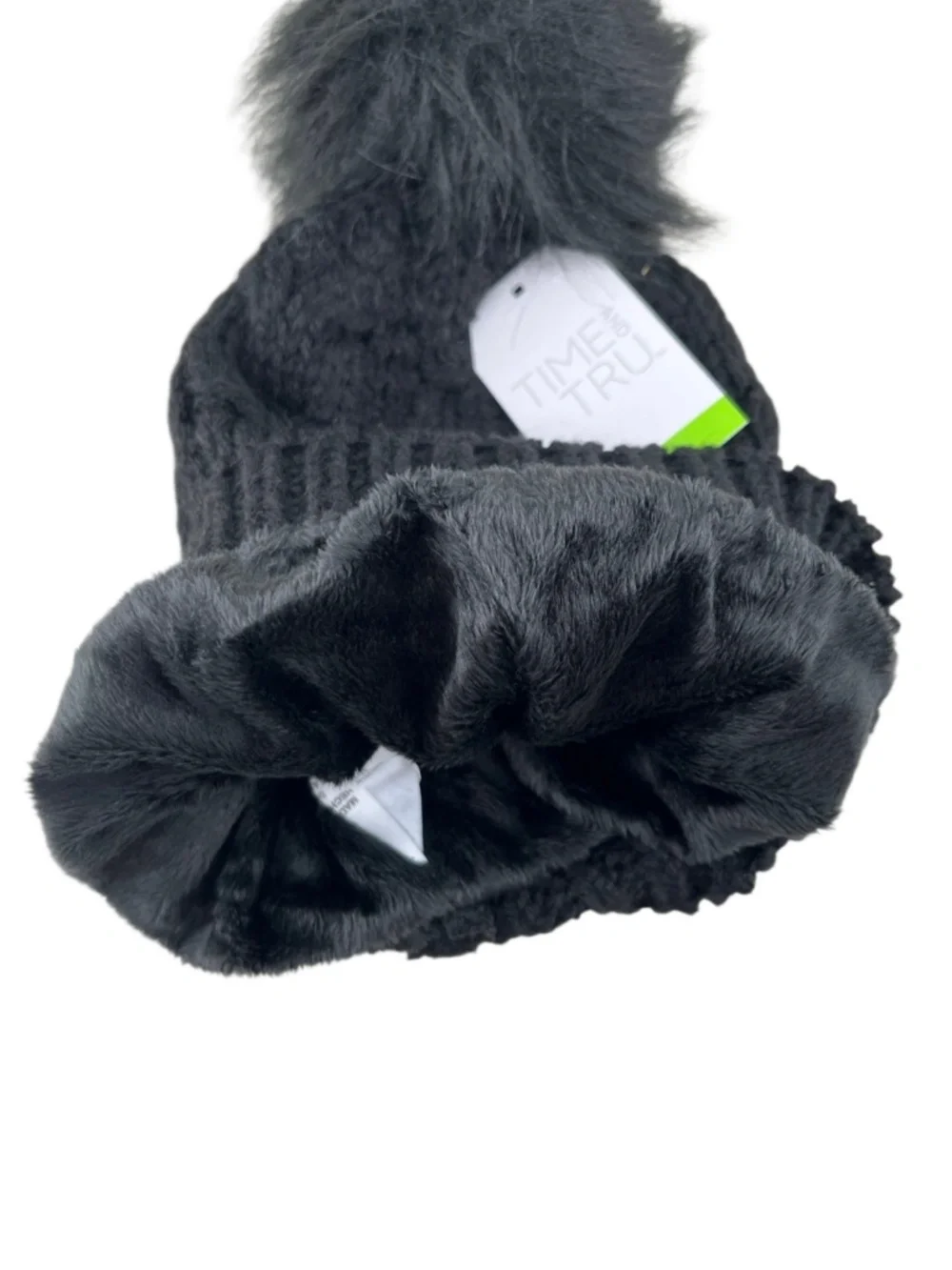 Women's Cable Pom-Pom Beanie Hat Black Winter